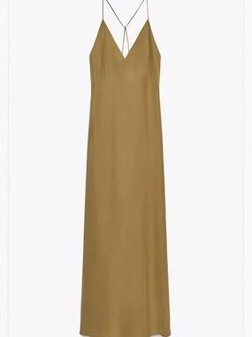 Zara - Women's Olive Slip Maxi Dress with Spaghetti Straps